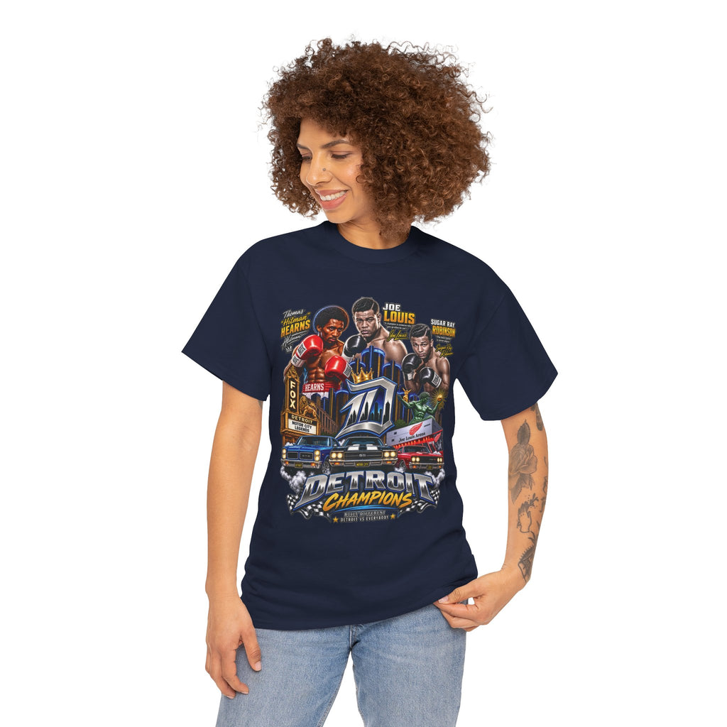 Detroit Champions T-Shirt | Motor City Boxing Legends, Classic Cars, City Skyline