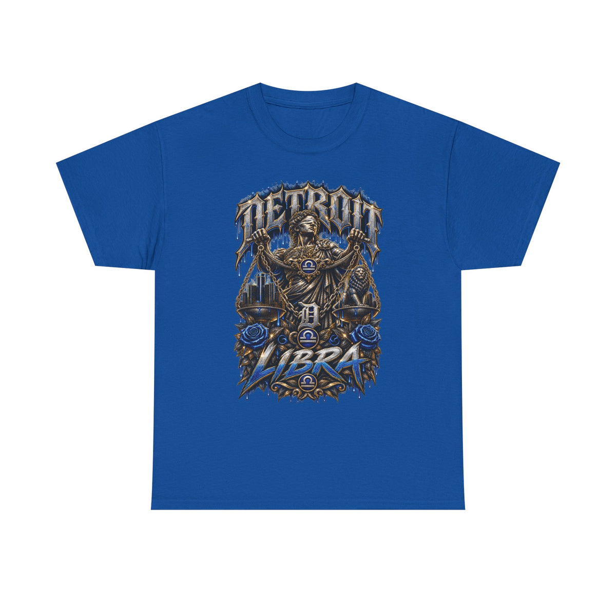 Detroit Libra T-Shirt | Skull Scales, Blue Roses, Zodiac Design