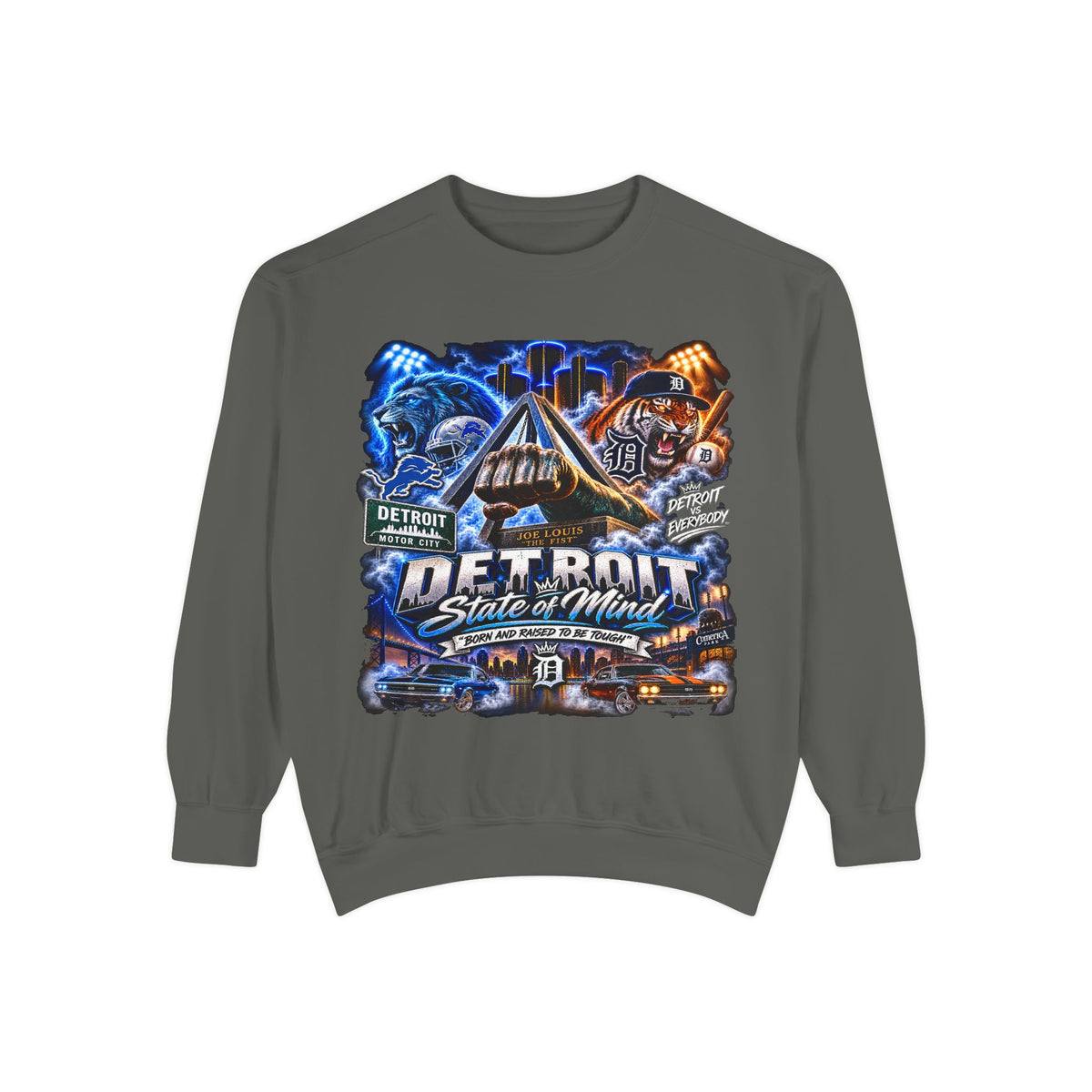 Detroit Skyline Motor City graphic Sweatshirt | Vintage cityscape, engine, blue orange