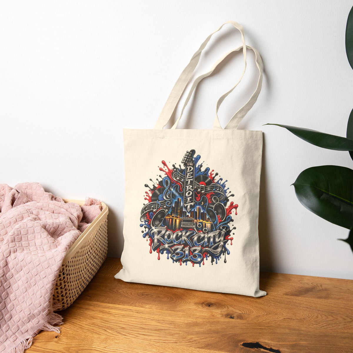 Detroit Rock City Tote Bag | Guitar Skyline Grunge Drip Design