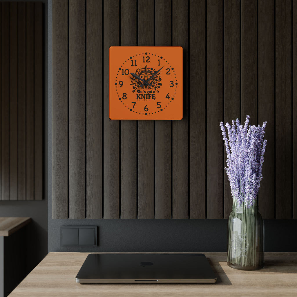 She got a knife acrylic wall clock | Halloween horror decor, orange skull design