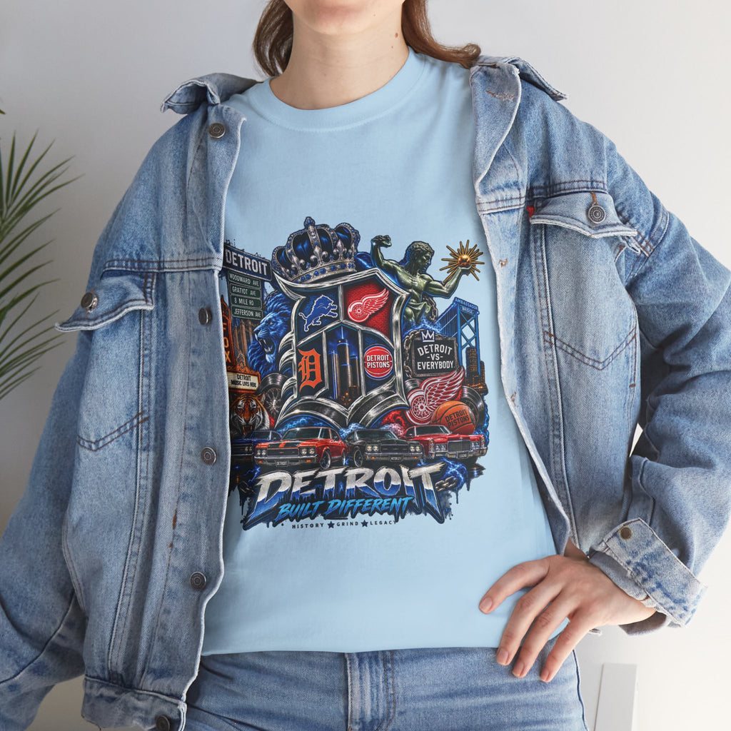 Detroit Skyline Collage T-Shirt | Motor City Landmarks, Vintage Neon Design