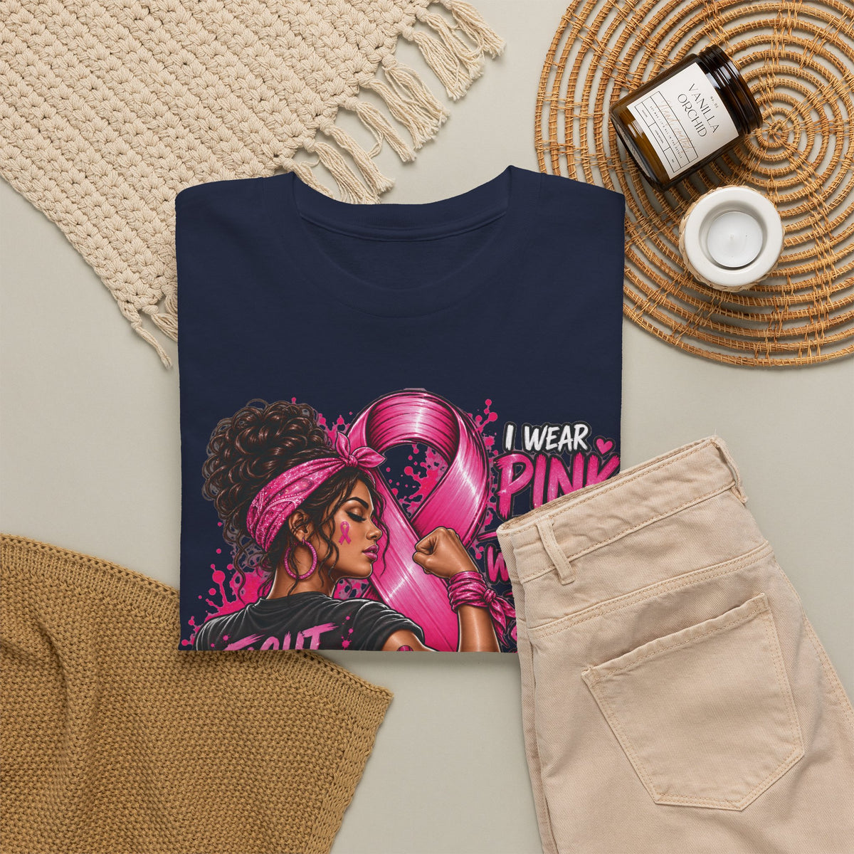 Fight with Faith breast cancer awareness T-Shirt | Rosie the Riveter pink ribbon design