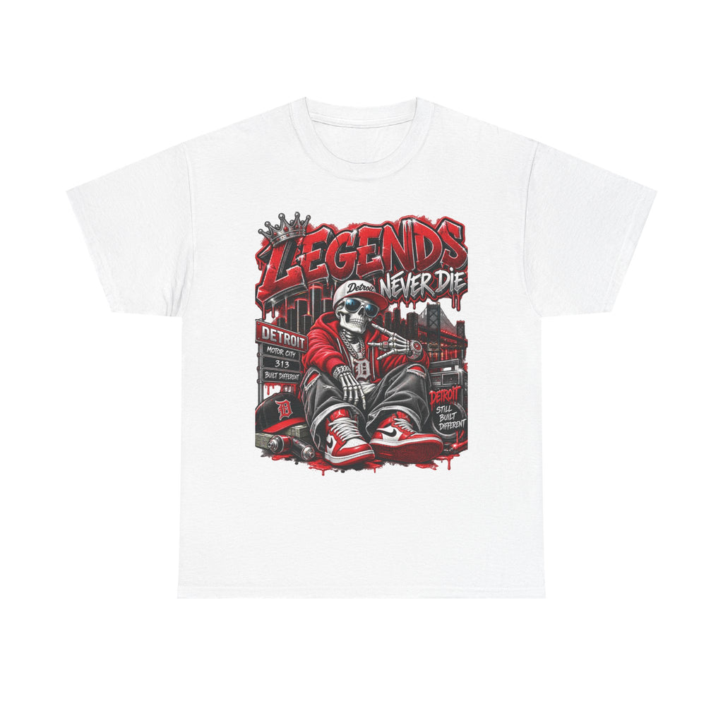 Legends Never Die skull streetwear T-shirt | Detroit city skyline, red black graphic tee