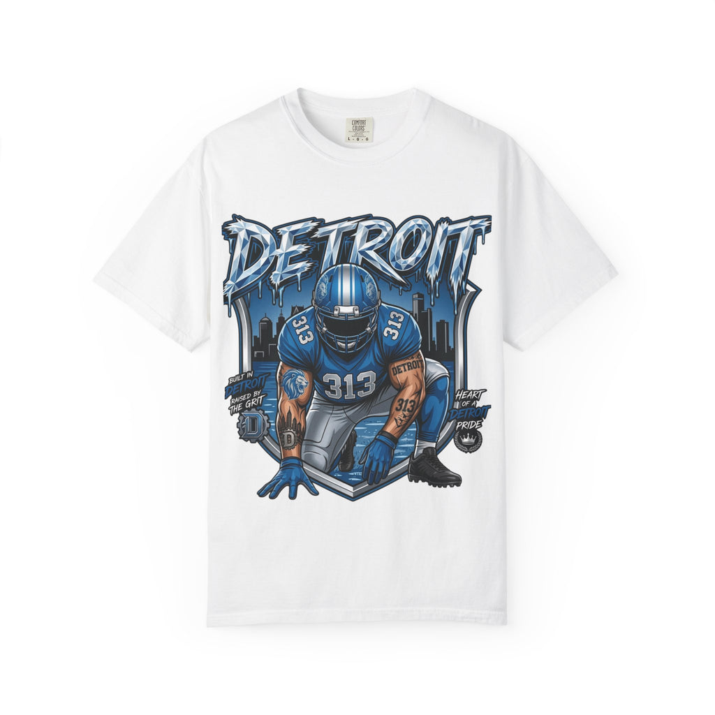 Copy of Detroit 313 Football Player T-Shirt | City Skyline, Blue Helmet Design