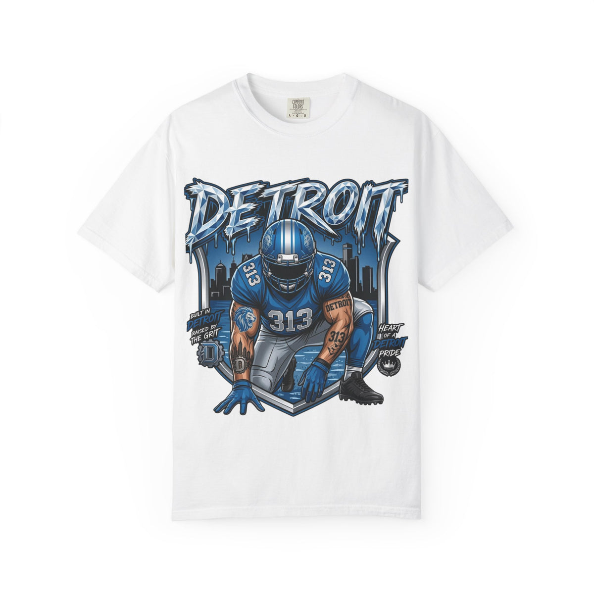 Copy of Detroit 313 Football Player T-Shirt | City Skyline, Blue Helmet Design
