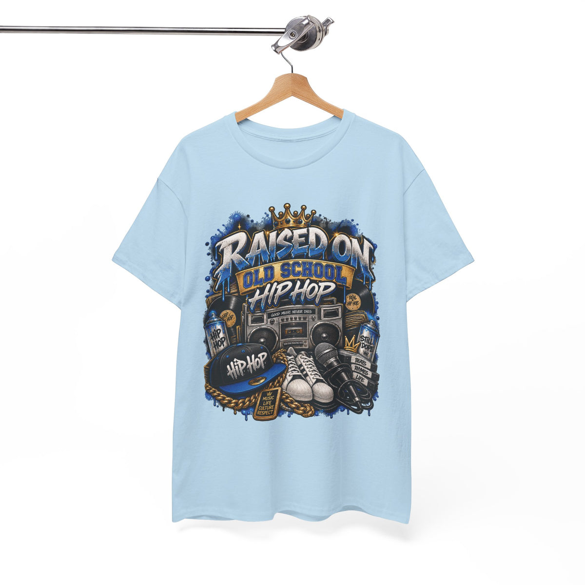 Raised On Old School Hip Hop T-Shirt | Retro Boombox Sneakers Crown Design