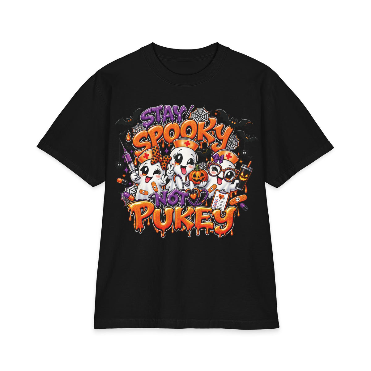 Stay Spooky Not Pukey Nurse T-Shirt | Halloween Ghosts, Candy, Bats