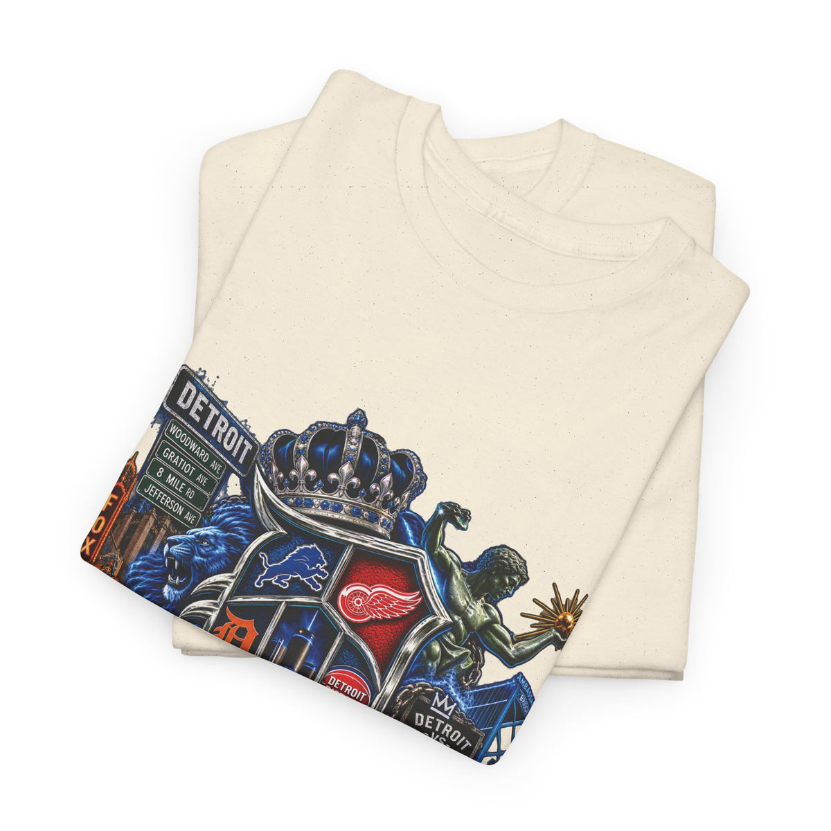 Detroit Skyline Collage T-Shirt | Motor City Landmarks, Vintage Neon Design