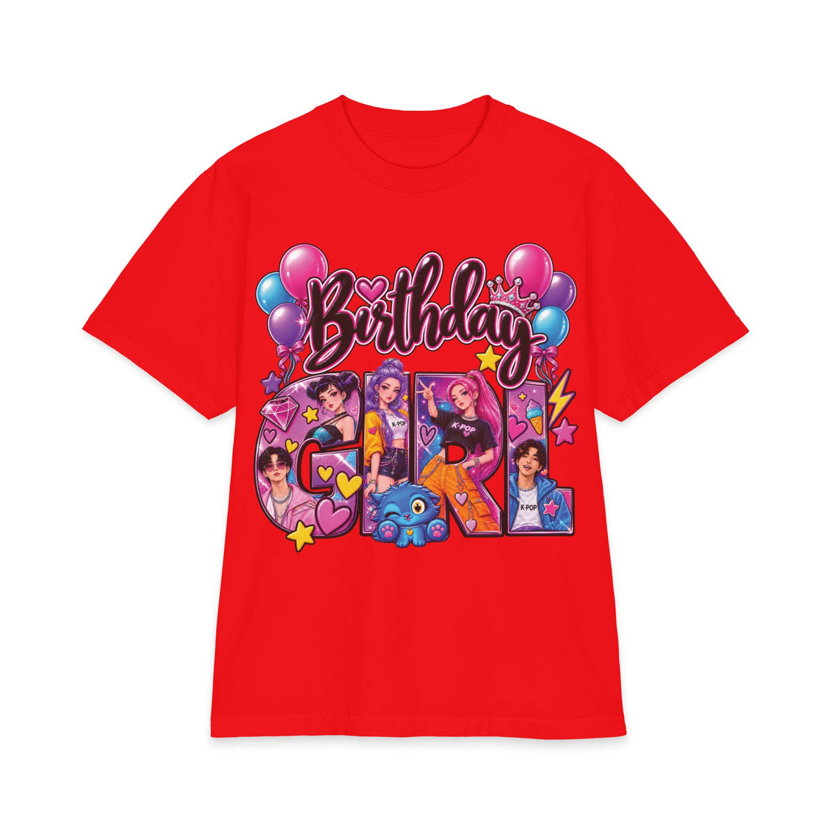 Kpop Hunter Demon Birthday Girl T-Shirt | Colorful Cartoon Letters, Balloons & Characters