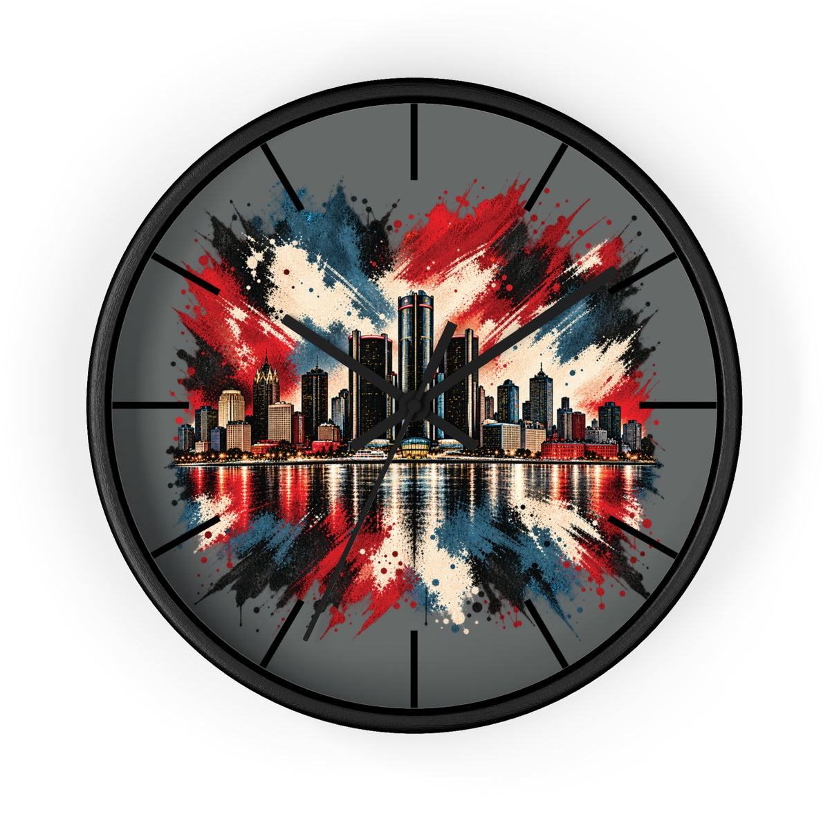Urban Skyline Detroir Wall Clock – Red, White & Blue Cityscape Decor