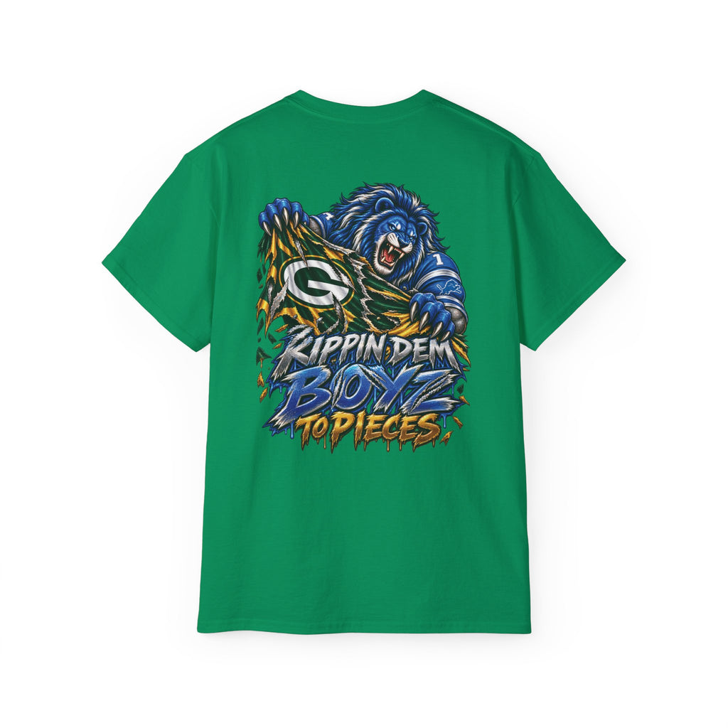 Detroit and Green Bay Rivalry Graphic Tee | Lion Ripping Green Bay Logo Back