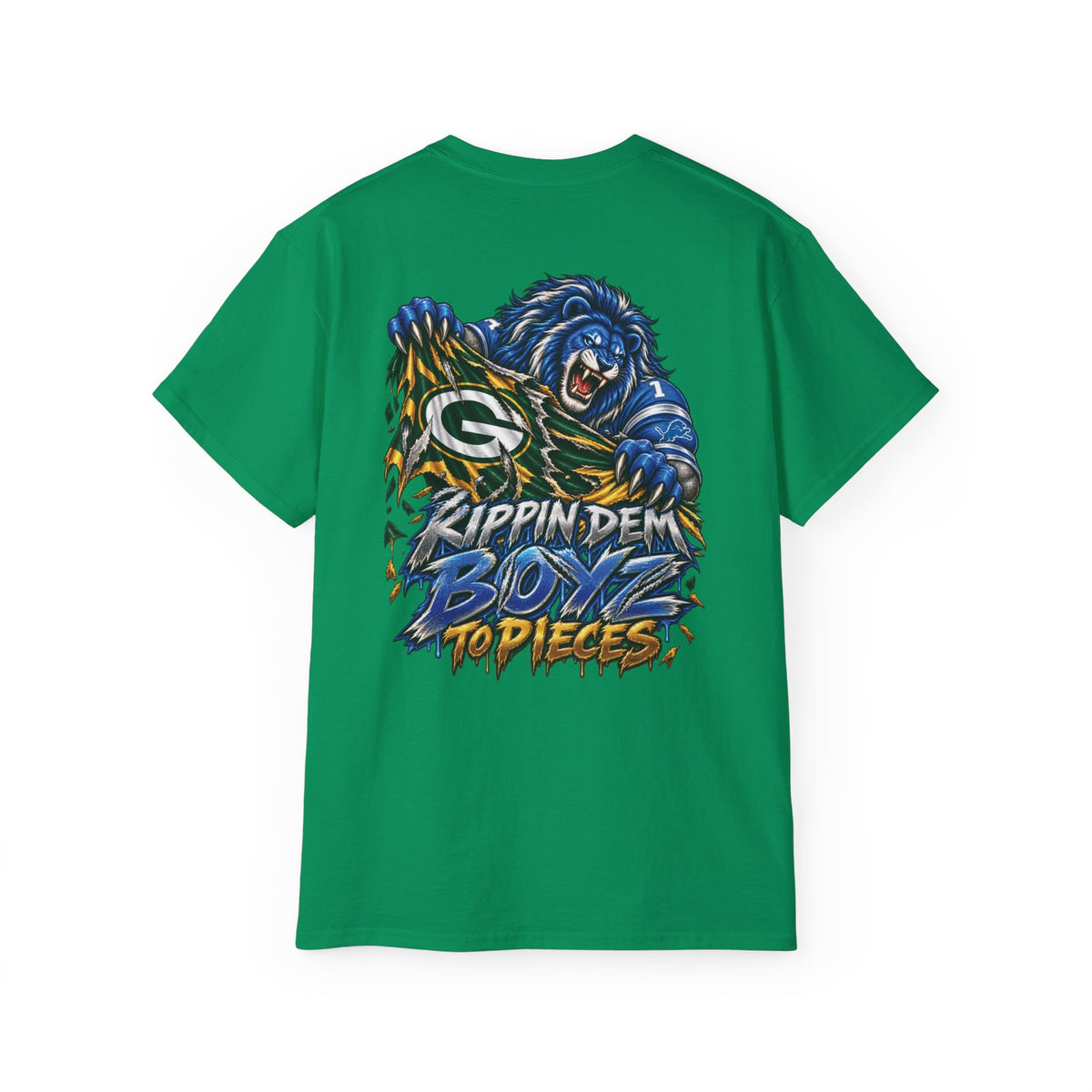 Detroit and Green Bay Rivalry Graphic Tee | Lion Ripping Green Bay Logo Back