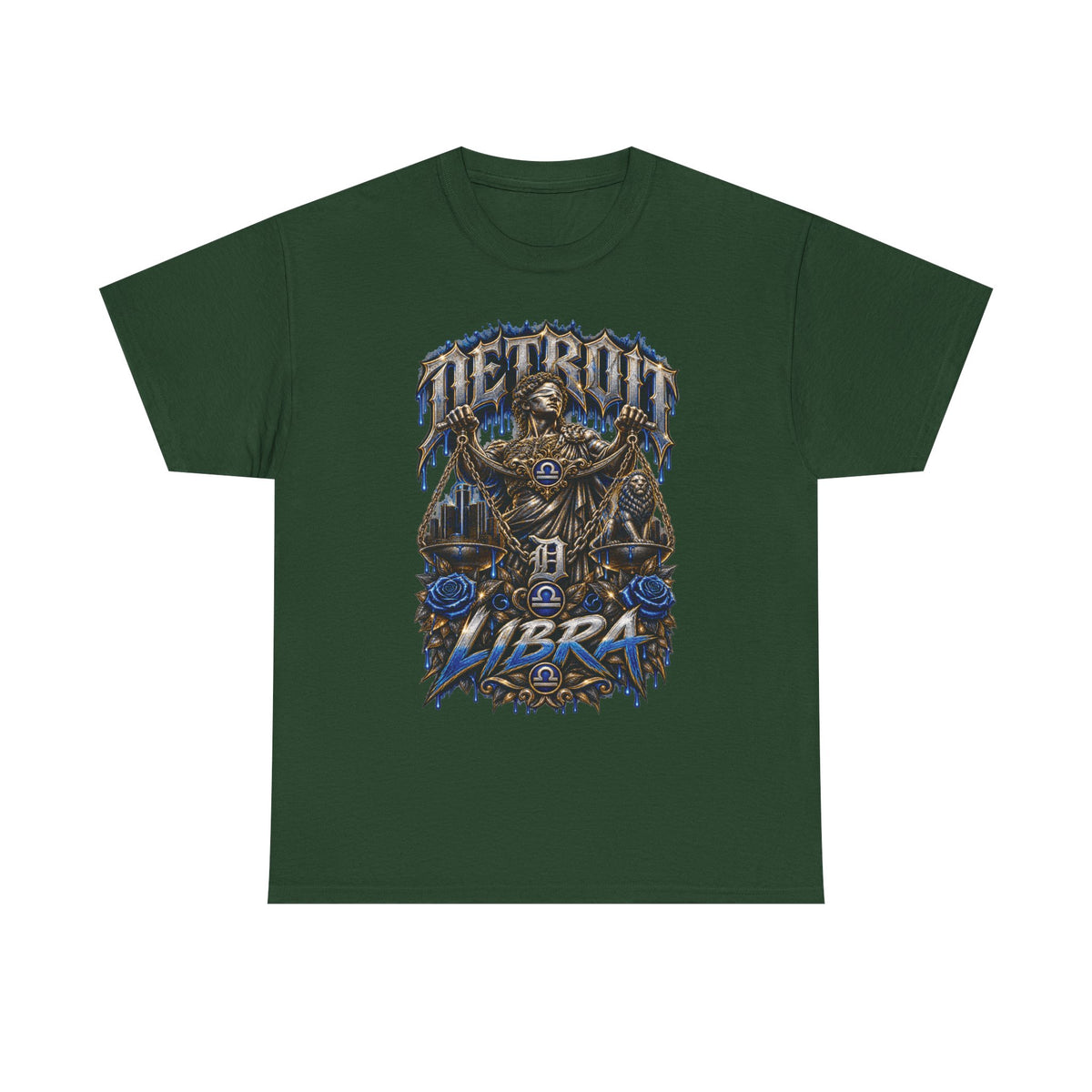 Detroit Libra T-Shirt | Skull Scales, Blue Roses, Zodiac Design