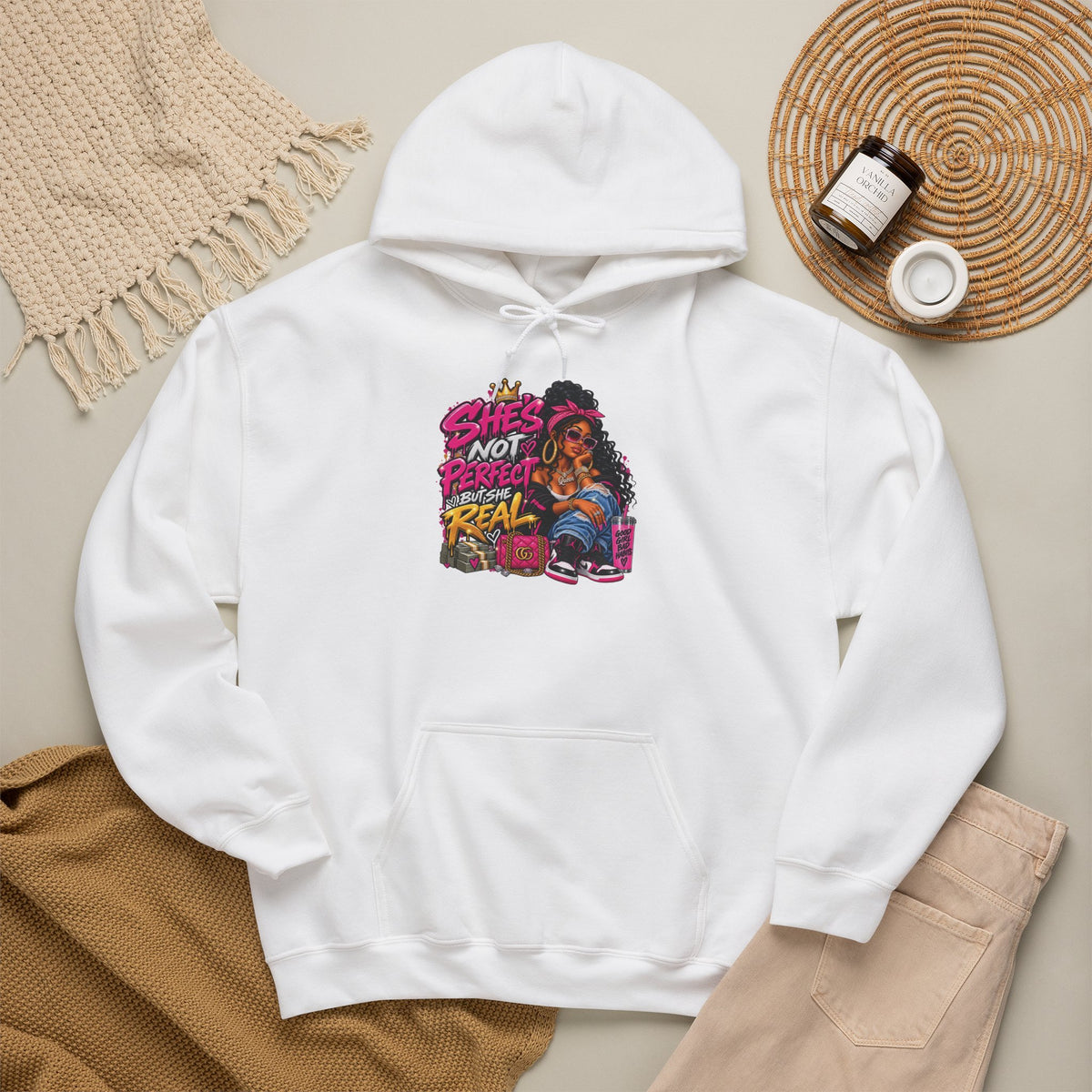 Shes Not Perfect Real AF hoodie | Retro Neon Girl Graphic Hoodie