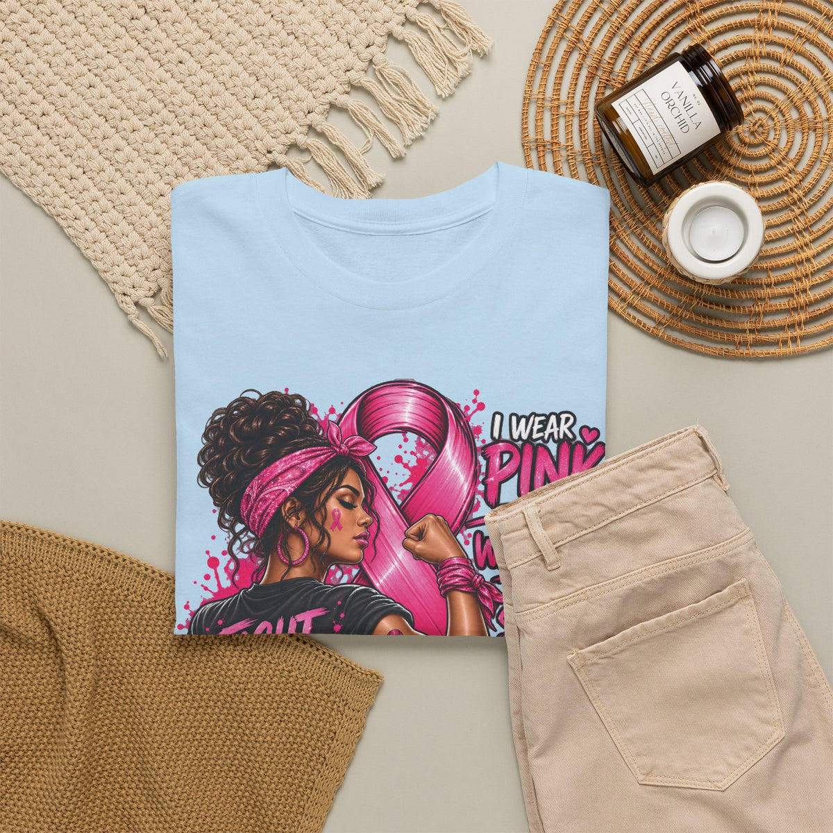 Fight with Faith breast cancer awareness T-Shirt | Rosie the Riveter pink ribbon design