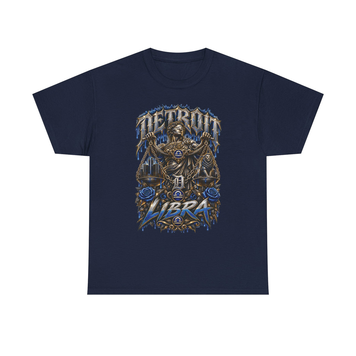 Detroit Libra T-Shirt | Skull Scales, Blue Roses, Zodiac Design