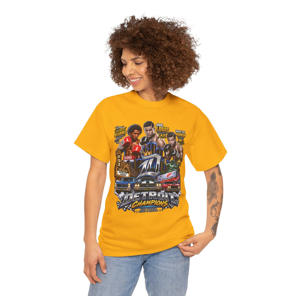 Detroit Champions T-Shirt | Motor City Boxing Legends, Classic Cars, City Skyline