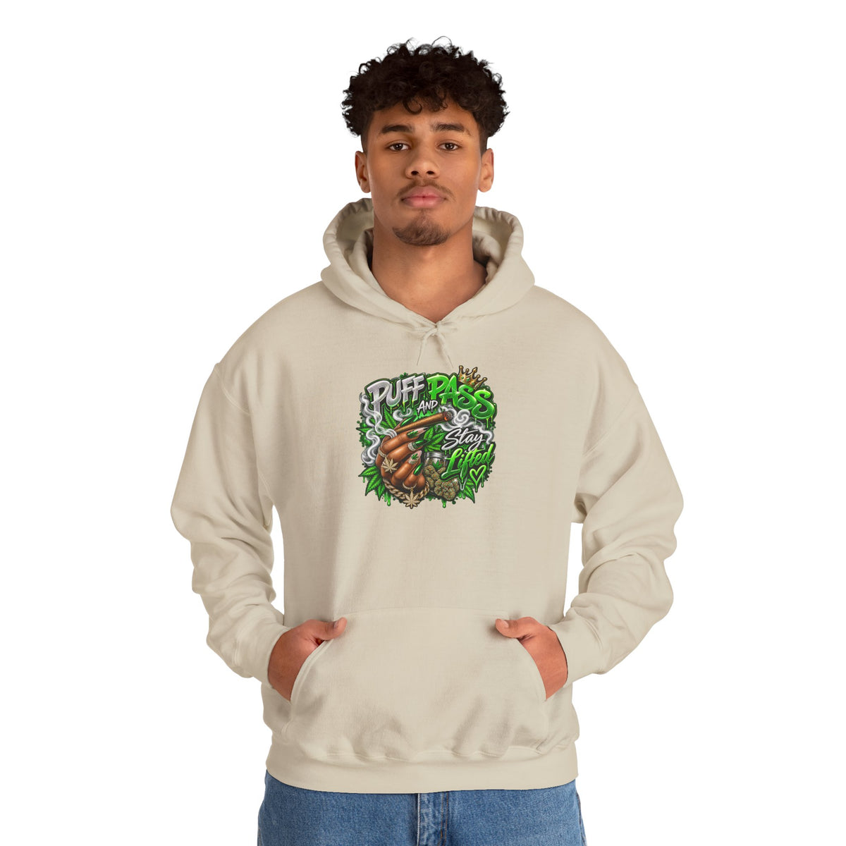 Puff Pass Stay Lifted Hoodie | Cannabis Leaf, Smoky Hand Illustration