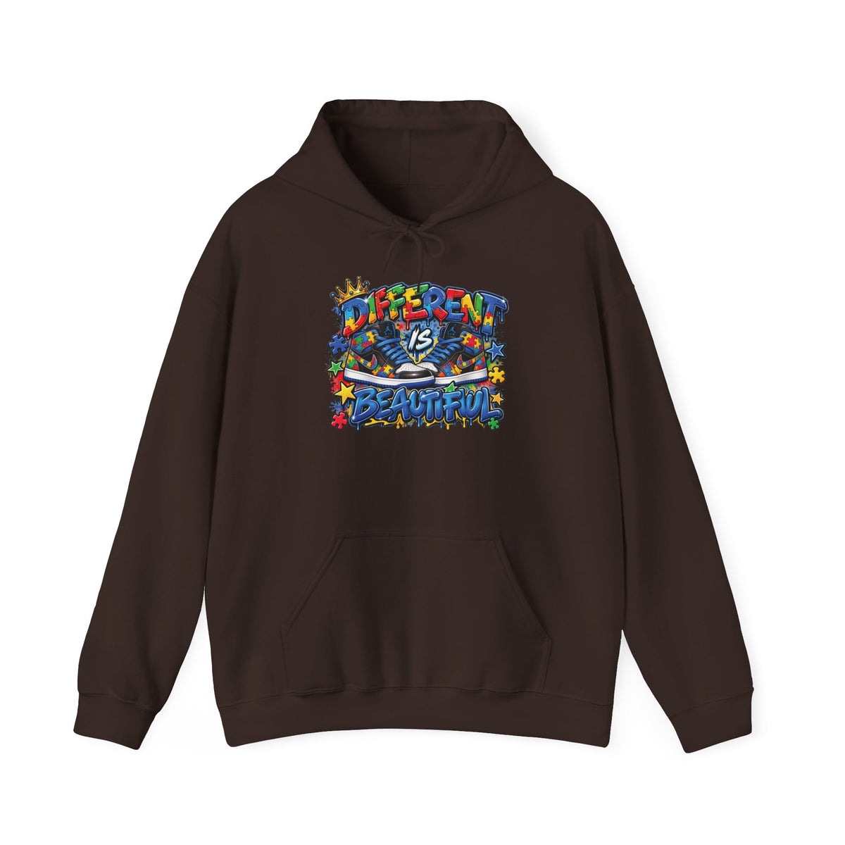 Different Is Beautiful hoodie | colorful graffiti text, stars & flowers