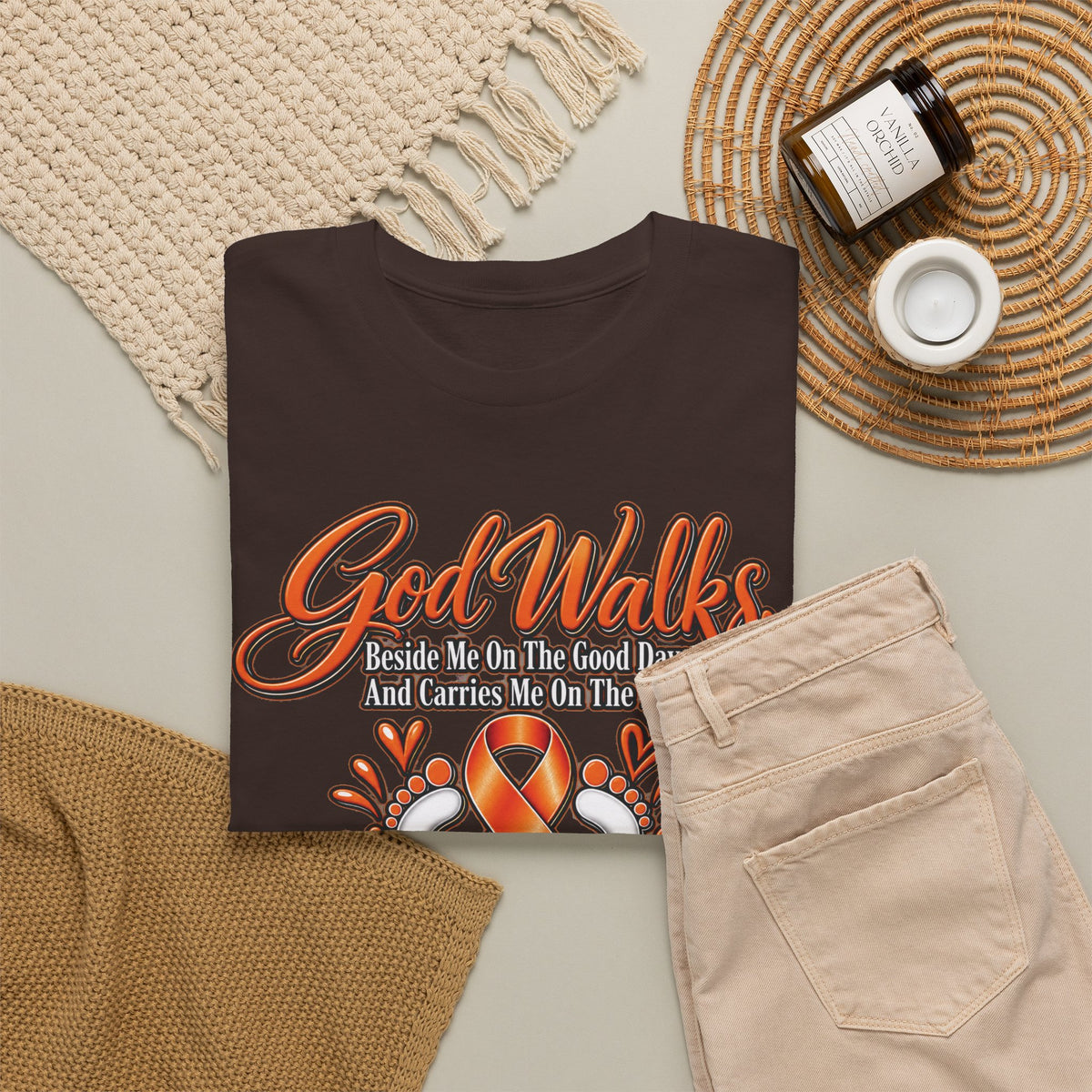 God Walks orange awareness ribbon T-Shirt | I'll Never Walk Alone, Faith Support