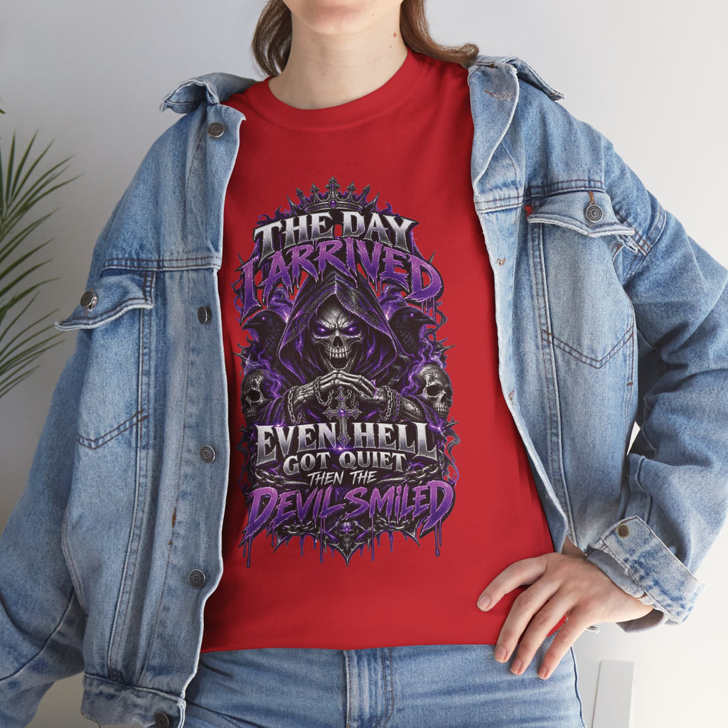 Grim Reaper Skull with Purple Flames T-Shirt | Gothic Death Quote Tee