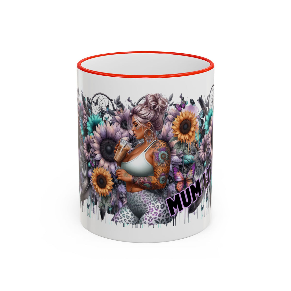 Tattooed Floral Skull Mum Mug | Accent Rim & Handle Ceramic Mug