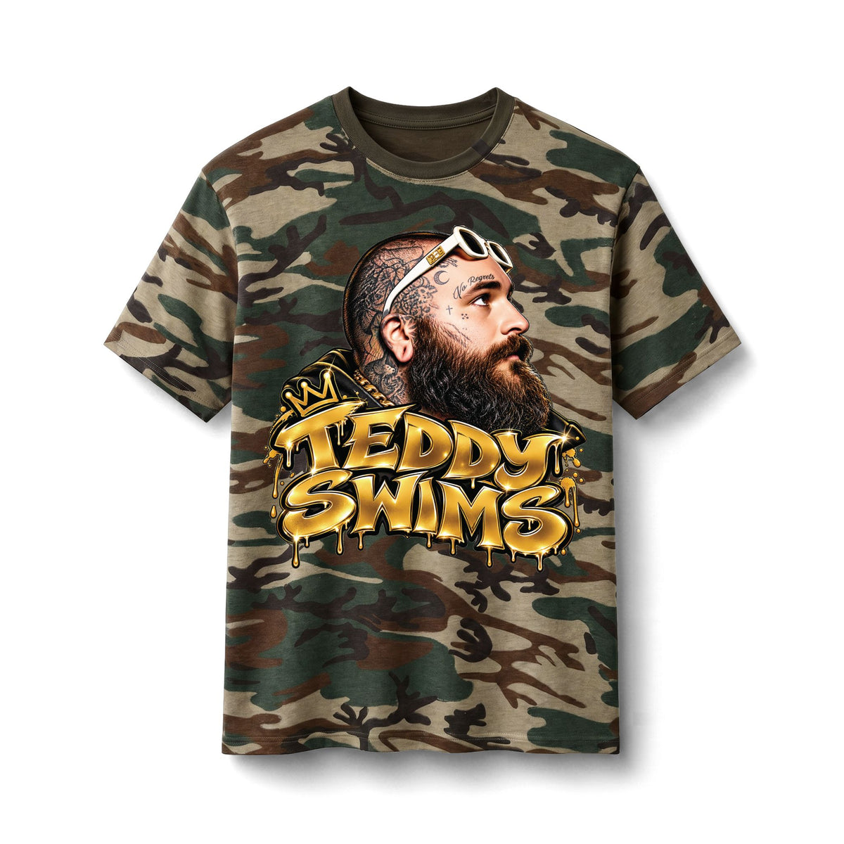 Teddy Swims portrait camo Tee | Singer graphic camouflage shirt