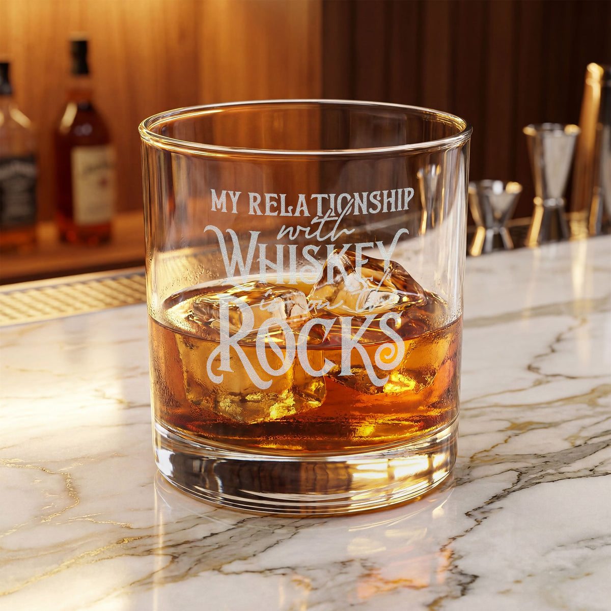 My Relationship with Whiskey is on the Rocks Whiskey Glass | Engraved Rocks Glass