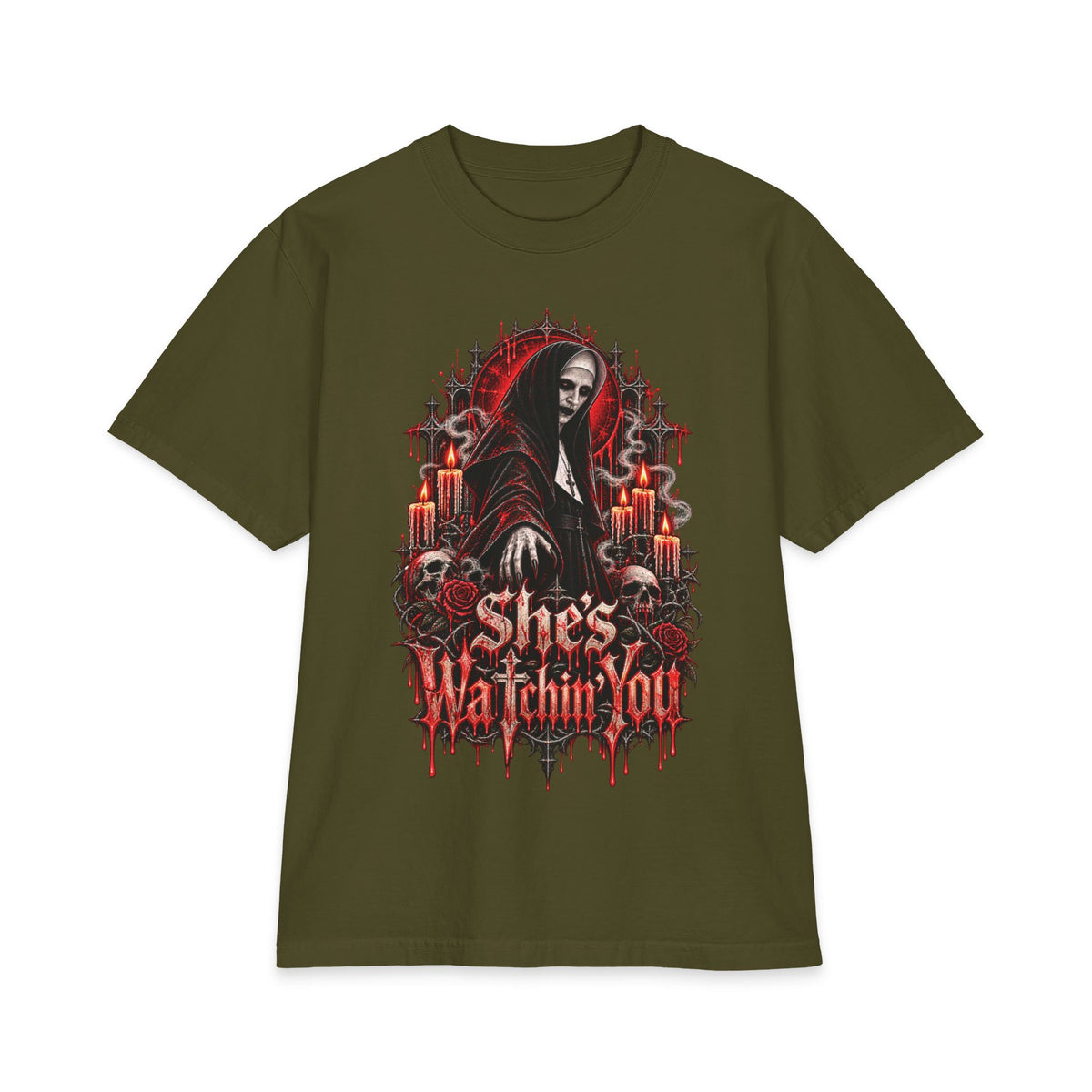 Horror Nun Illustration T-Shirt | Shes Watchin You Gothic Horror Tee