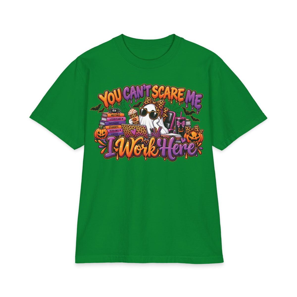 You Cant Scare Me I Work Here T-Shirt | Halloween Cow Pumpkin Graphic