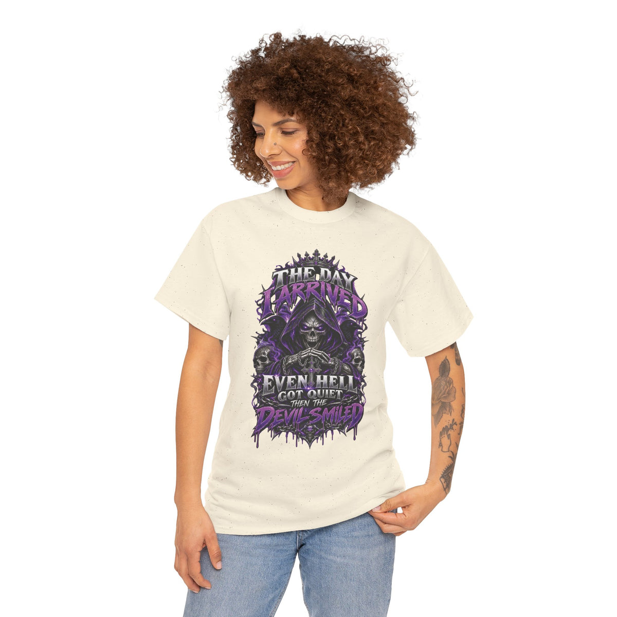 Grim Reaper Skull with Purple Flames T-Shirt | Gothic Death Quote Tee