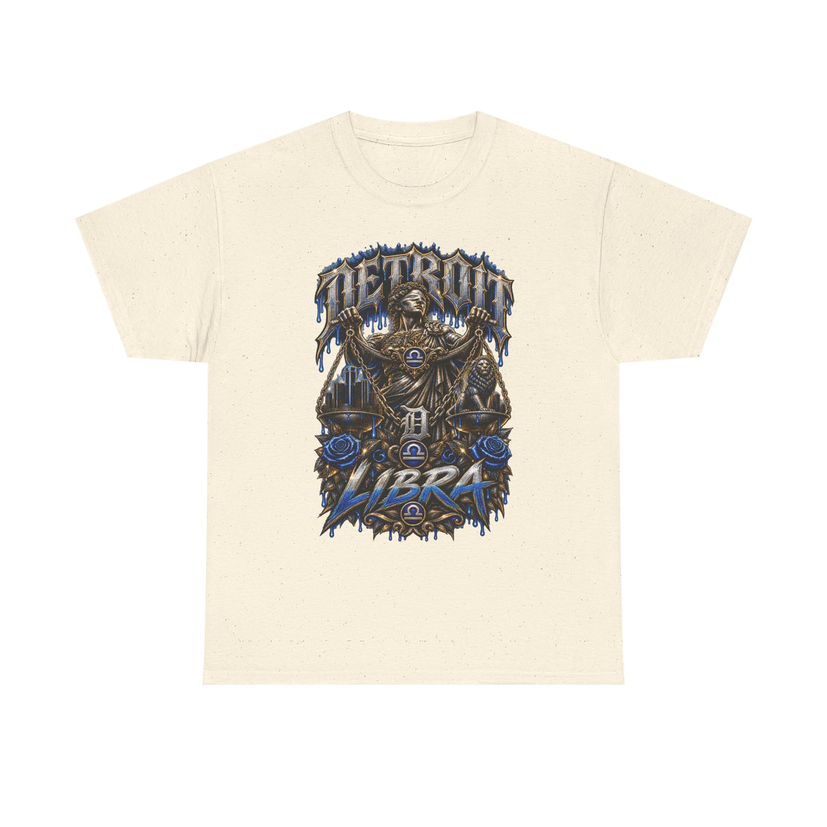 Detroit Libra T-Shirt | Skull Scales, Blue Roses, Zodiac Design