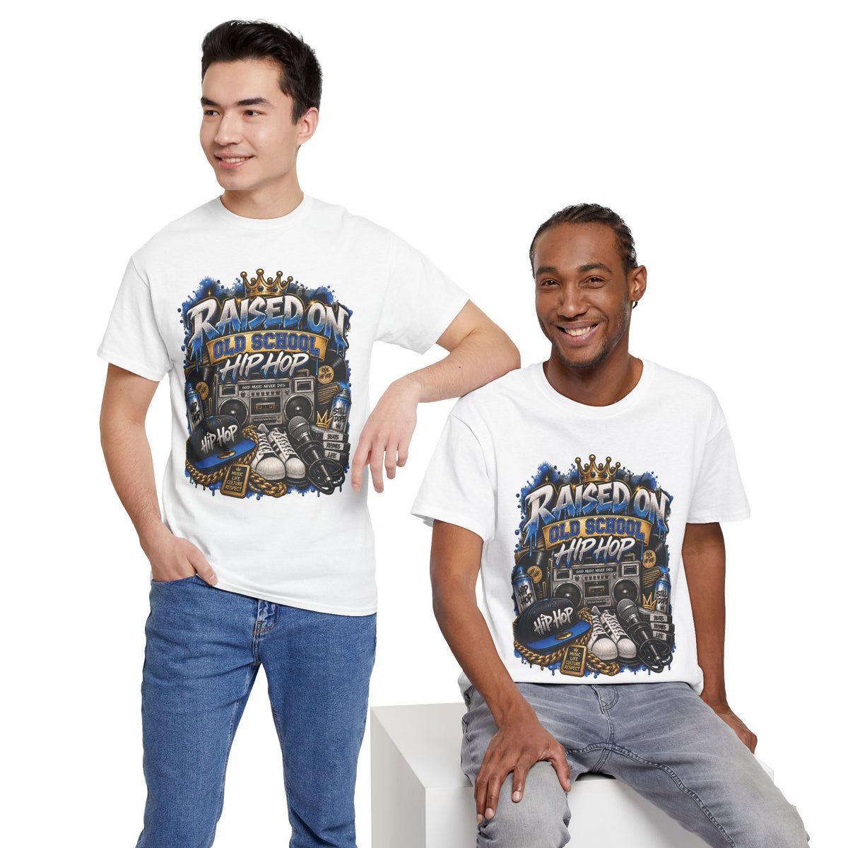 Raised On Old School Hip Hop T-Shirt | Retro Boombox Sneakers Crown Design