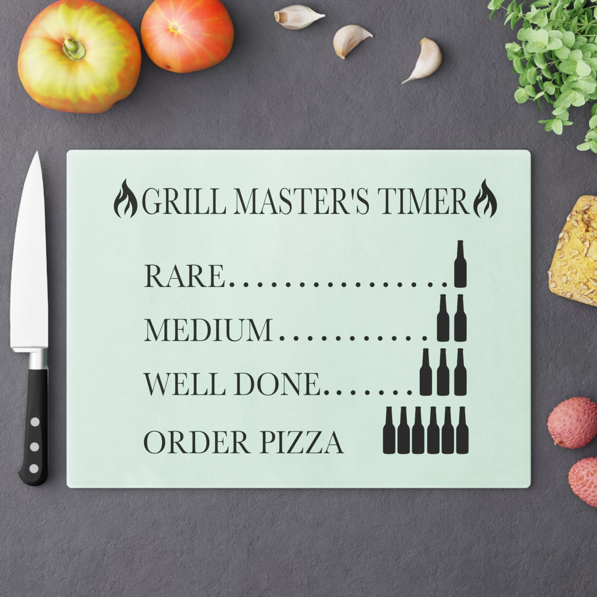 Grill Master's Timer Cutting Board | Beer Level Steak Doneness Chart