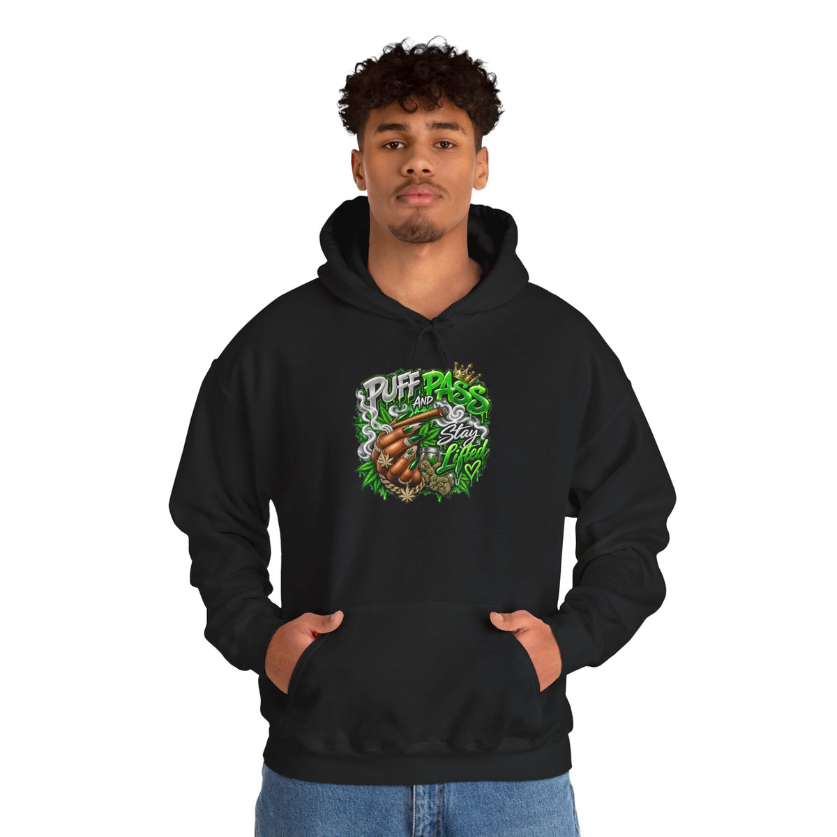 Puff Pass Stay Lifted Hoodie | Cannabis Leaf, Smoky Hand Illustration