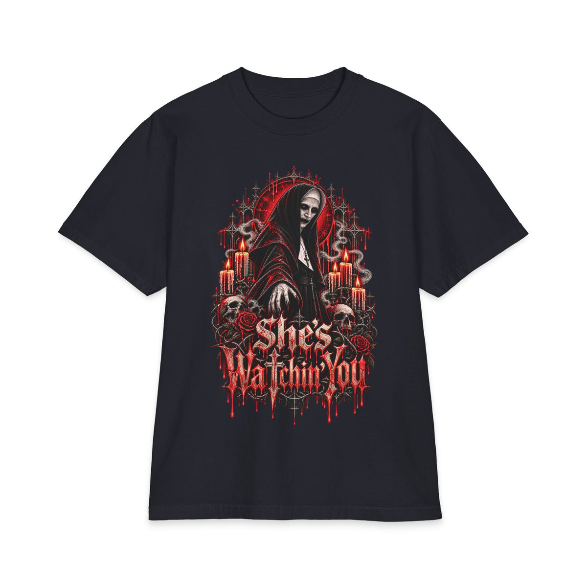 Horror Nun Illustration T-Shirt | Shes Watchin You Gothic Horror Tee