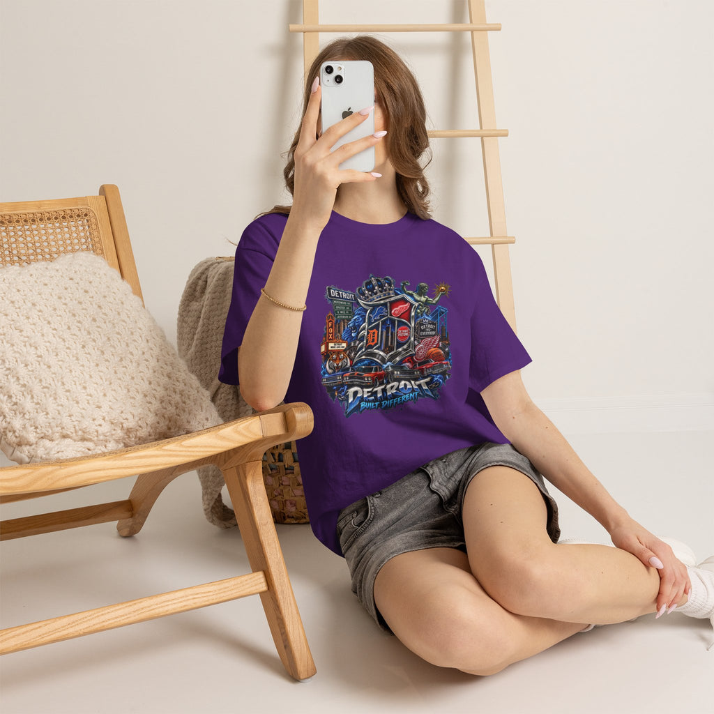 Detroit Skyline Collage T-Shirt | Motor City Landmarks, Vintage Neon Design