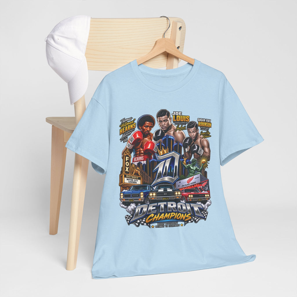 Detroit Champions T-Shirt | Motor City Boxing Legends, Classic Cars, City Skyline