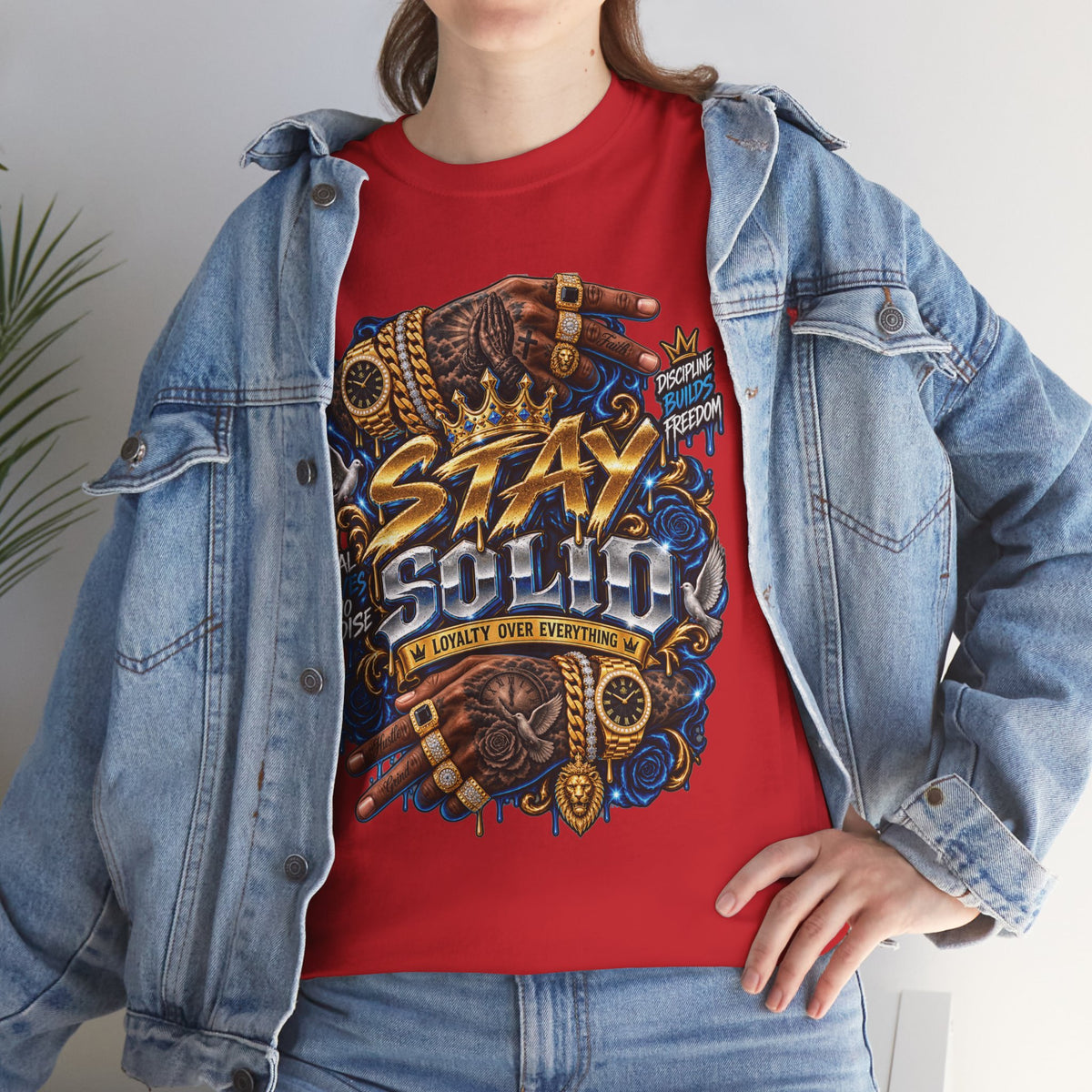 Stay Solid graphic tee | Urban street art typography, gold chain hands