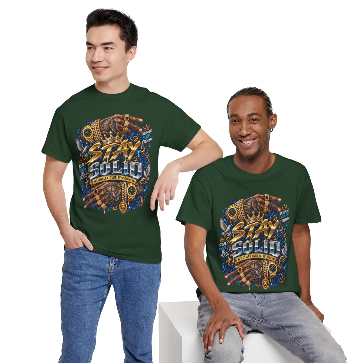 Stay Solid graphic tee | Urban street art typography, gold chain hands