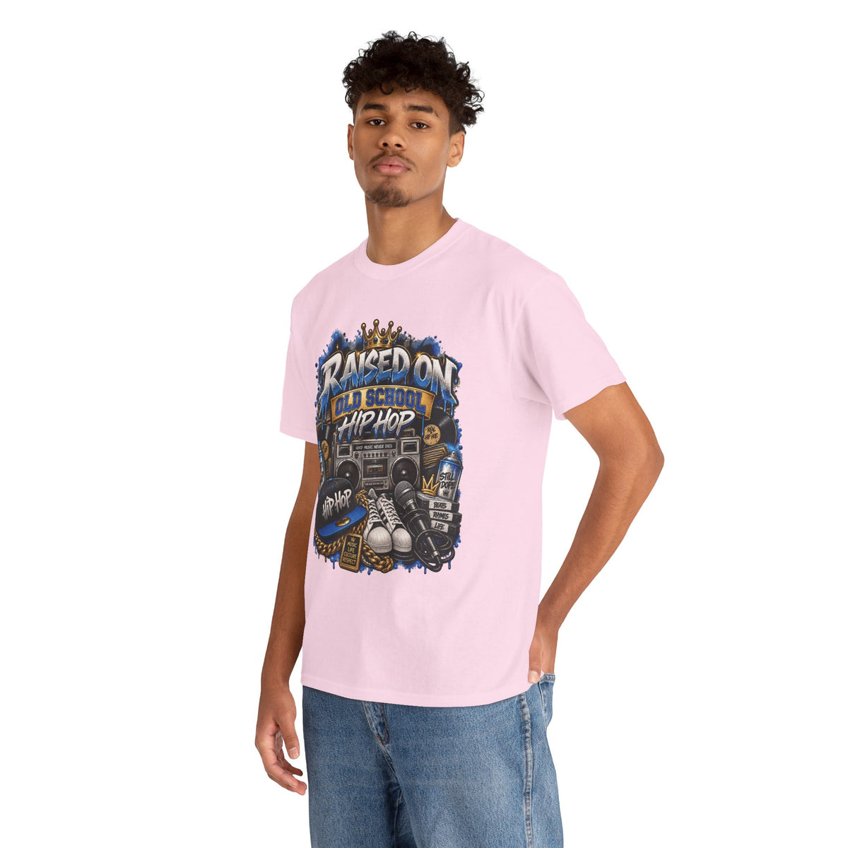 Raised On Old School Hip Hop T-Shirt | Retro Boombox Sneakers Crown Design