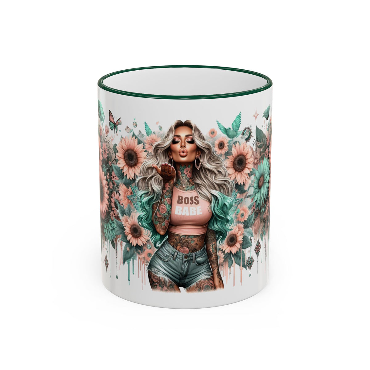 Boss Babe Floral Illustration Mug | Accent Rim & Handle Ceramic Coffee Cup