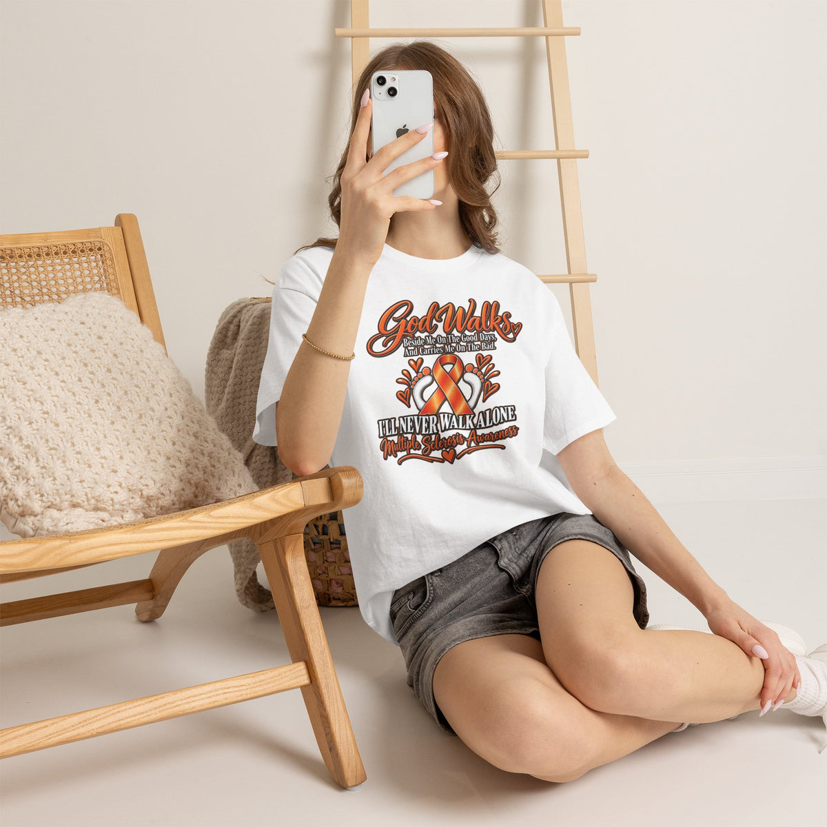 God Walks orange awareness ribbon T-Shirt | I'll Never Walk Alone, Faith Support