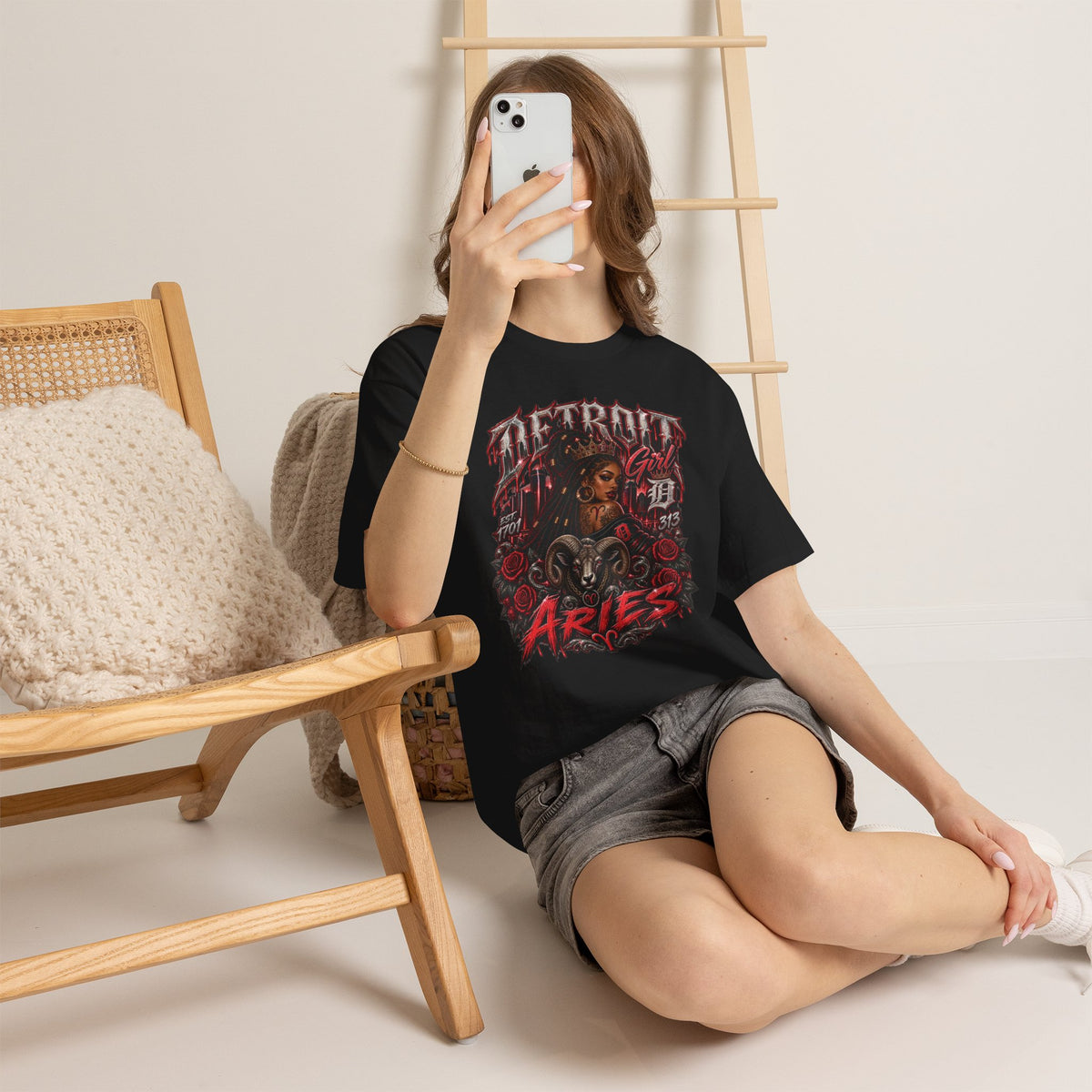 Aries Tattoo Style Graphic Tee | Zodiac Ram Illustration, Red Roses