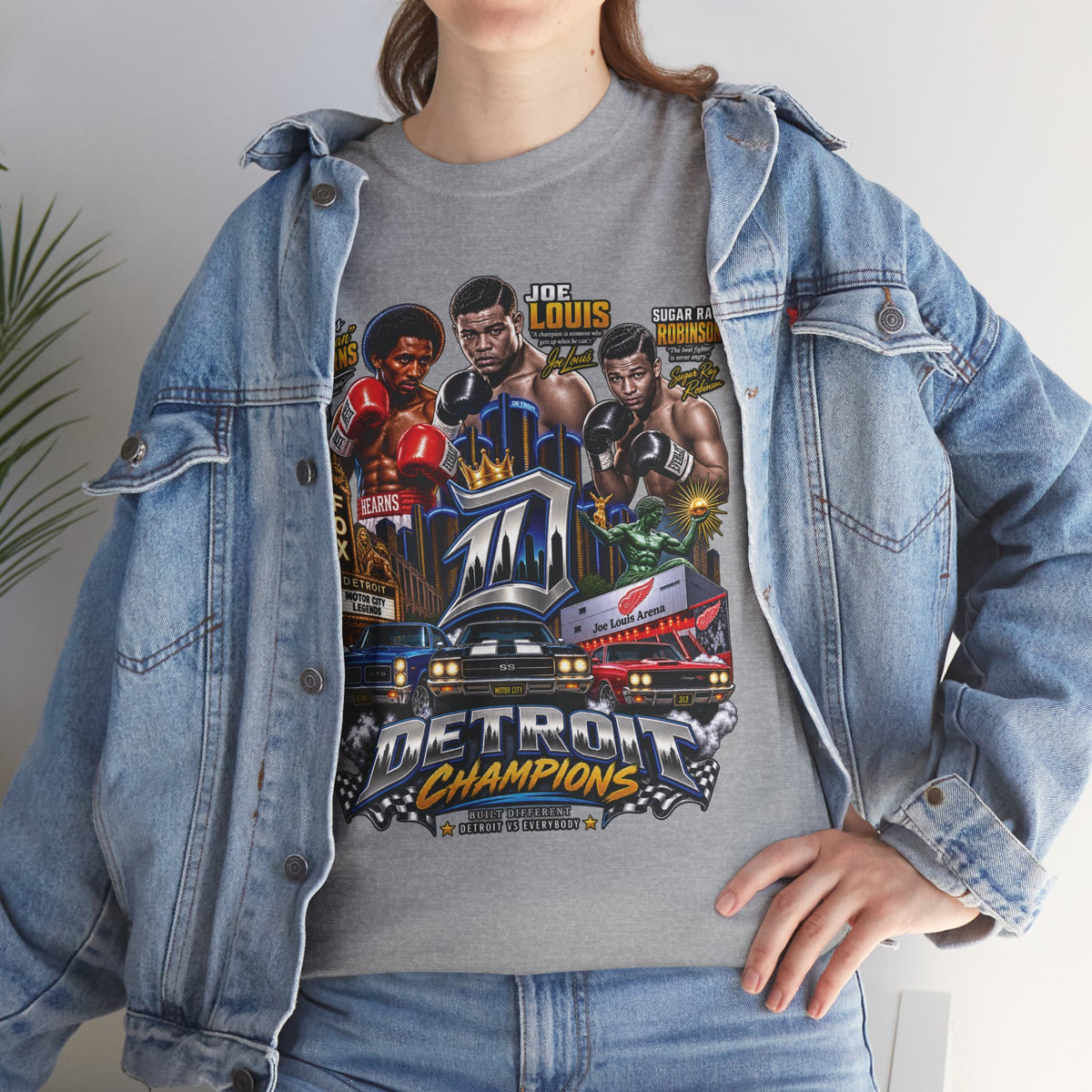 Detroit Champions T-Shirt | Motor City Boxing Legends, Classic Cars, City Skyline