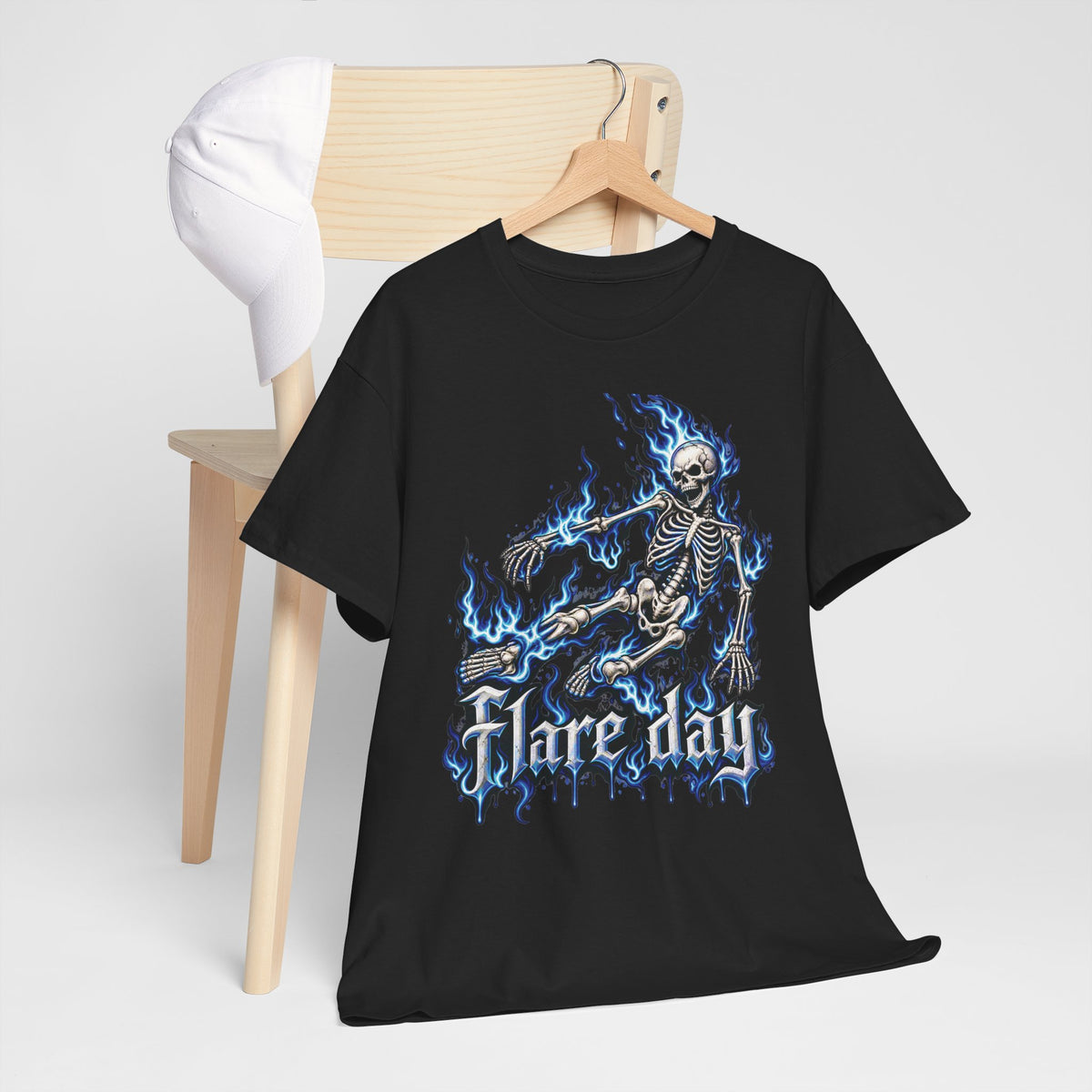 Blue Flaming Skeleton Skateboard T-Shirt | Skull Flame Graphic Tee