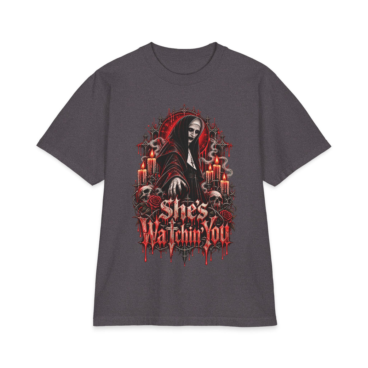 Horror Nun Illustration T-Shirt | Shes Watchin You Gothic Horror Tee