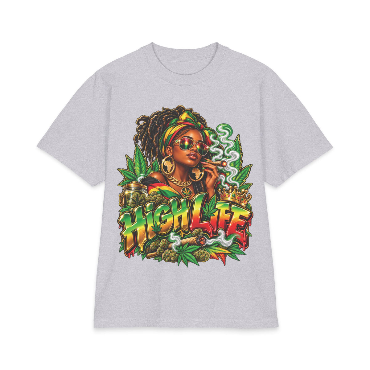 Detrpit 420 High Life Rasta Black Woman T-Shirt | Cannabis Reggae Vibes, Smoking Art