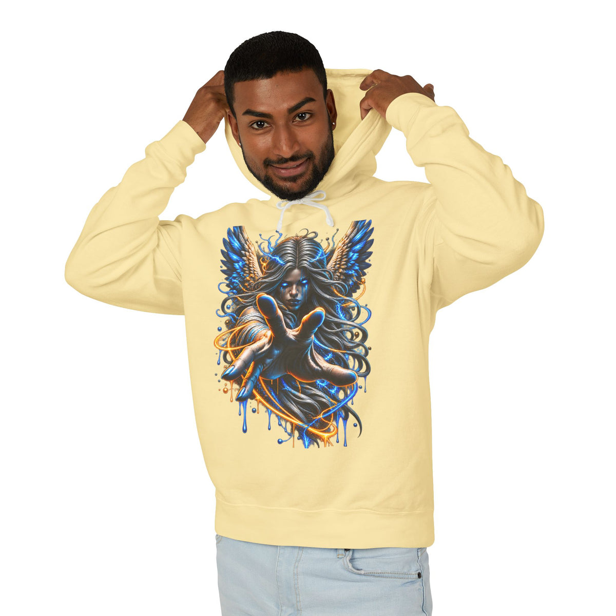 Dark Angel Illustration Hoodie | Winged Woman, Dripping Paint Art